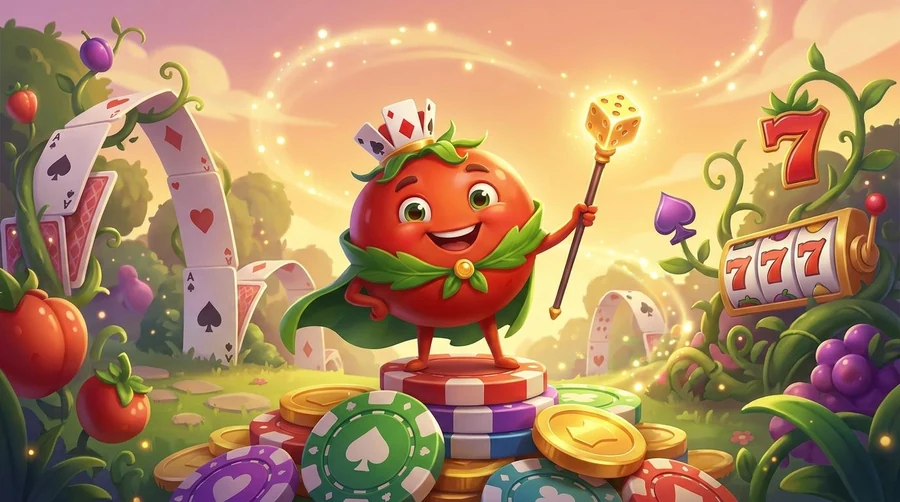 Wintomato Casino — the tomato mascot with cards, chips and a slot reel